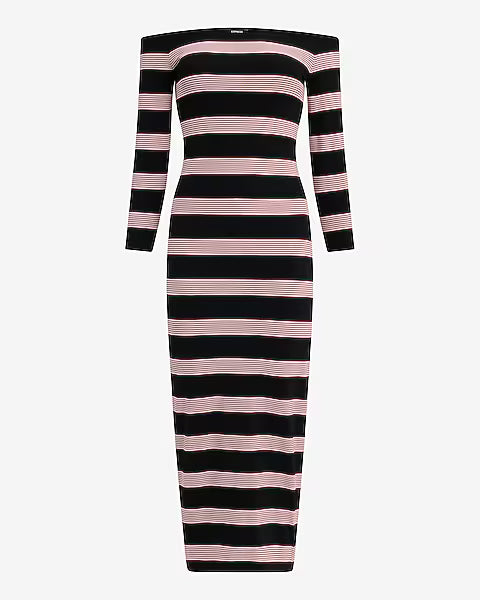 Striped Off The Shoulder Long Sleeve Knit Midi Dress