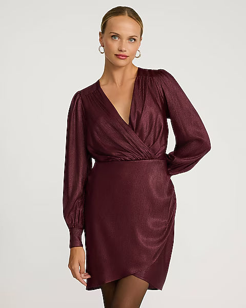 Metallic V-Neck Long Sleeve Wrap Mini Dress