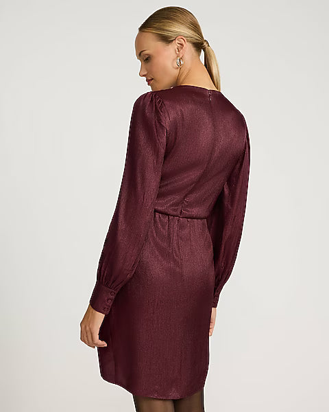 Metallic V-Neck Long Sleeve Wrap Mini Dress
