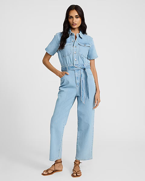 Light Wash Short Sleeve Straight Leg Belted Denim Jumpsuit