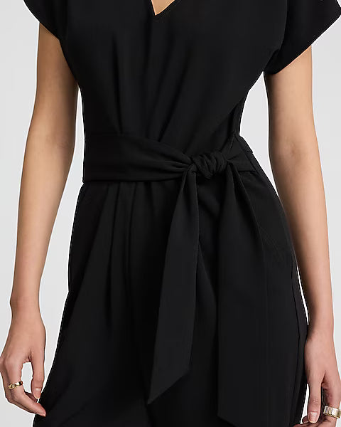 V-Neck Tie Waist Straight Leg Jumpsuit