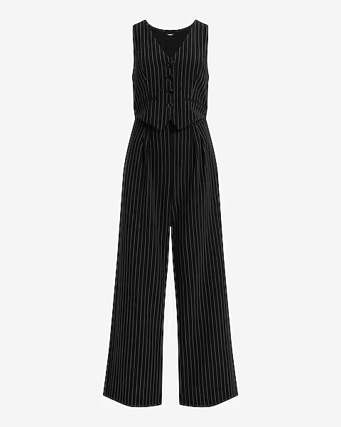 Pinstripe Tailored Vest Wide Leg Jumpsuit