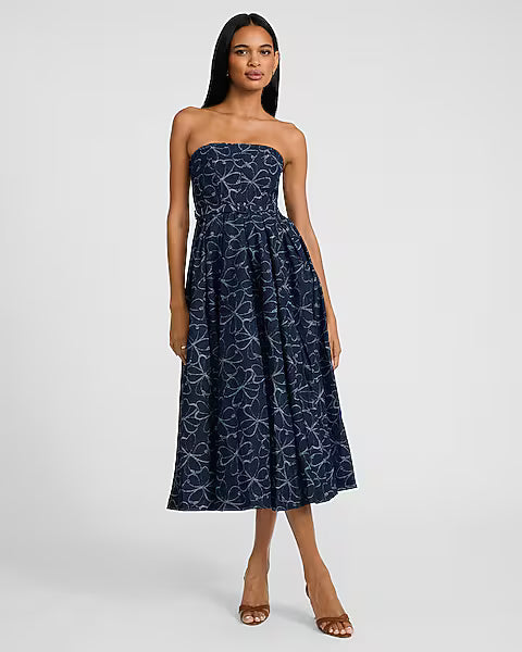 Printed Denim Strapless Belted Midi Dress