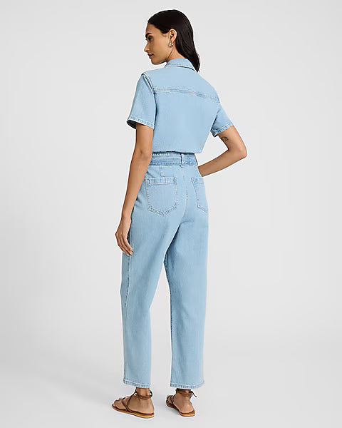 Light Wash Short Sleeve Straight Leg Belted Denim Jumpsuit