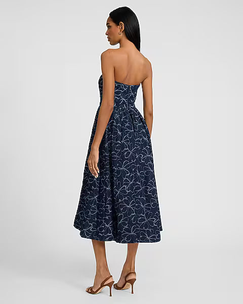 Printed Denim Strapless Belted Midi Dress