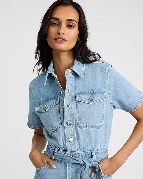 Light Wash Short Sleeve Straight Leg Belted Denim Jumpsuit