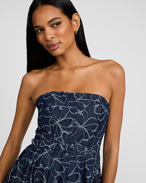 Printed Denim Strapless Belted Midi Dress
