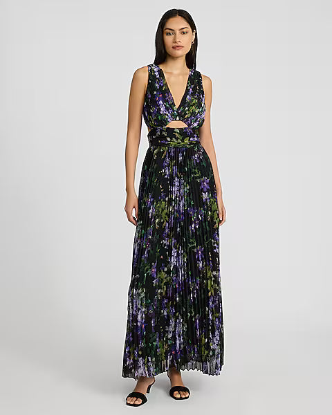 Floral Pleated V-Neck Sleeveless Cutout Maxi Dress