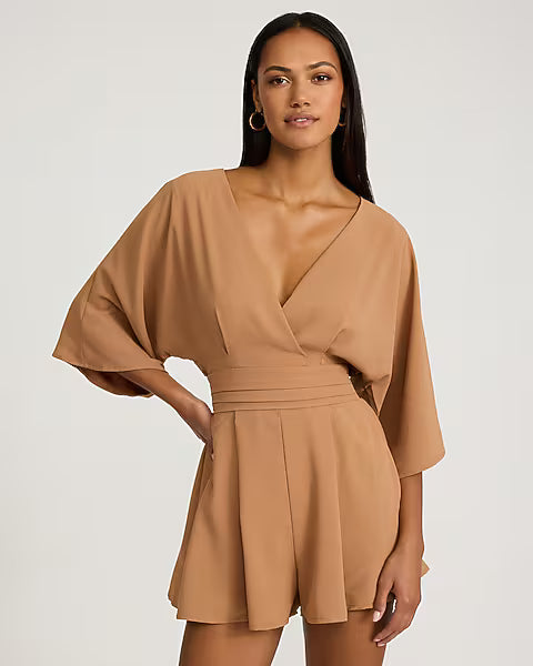 V-Neck Elbow Sleeve Surplice Romper