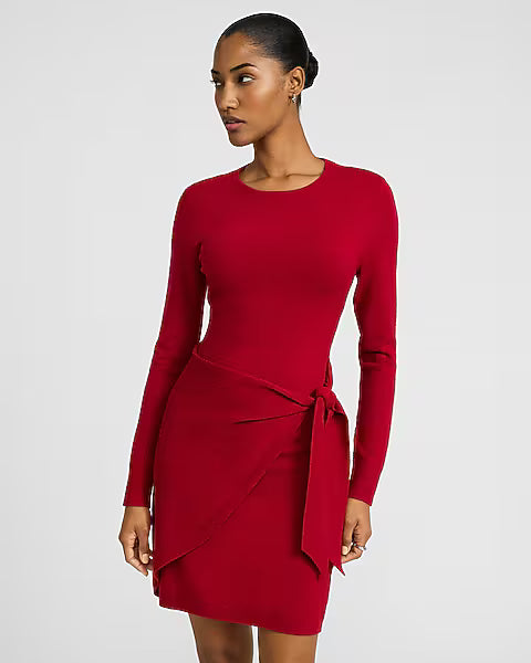 Crew Neck Long Sleeve Wrap Mini Sweater Dress