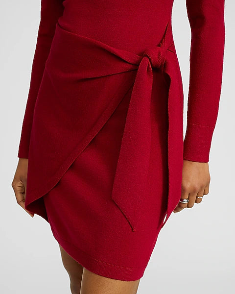 Crew Neck Long Sleeve Wrap Mini Sweater Dress