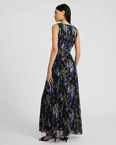 Floral Pleated V-Neck Sleeveless Cutout Maxi Dress