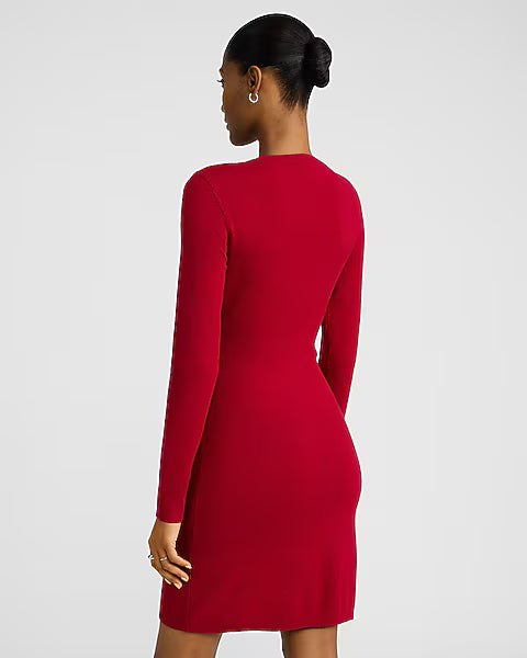 Crew Neck Long Sleeve Wrap Mini Sweater Dress