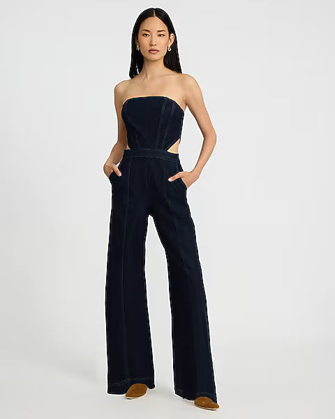 Denim Strapless Cutout Wide Leg Jumpsuit