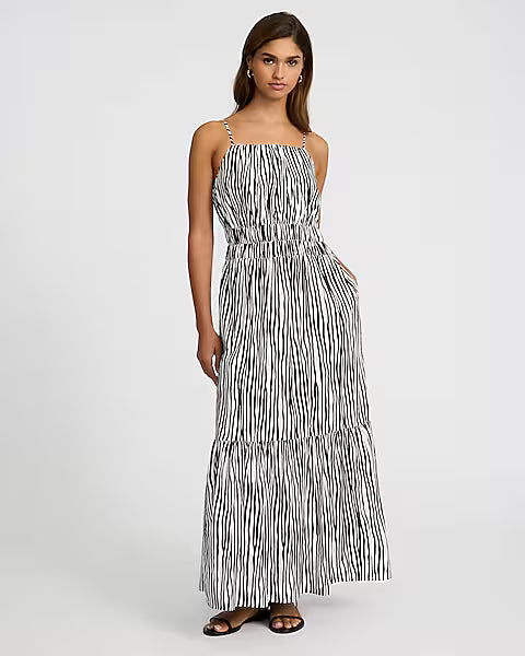 Poplin Striped Sleeveless Smocked Tiered Maxi Dress