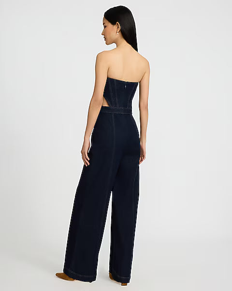 Denim Strapless Cutout Wide Leg Jumpsuit