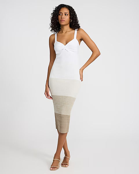 Ombre Color Block Sweetheart Twist Front Midi Sweater Dress