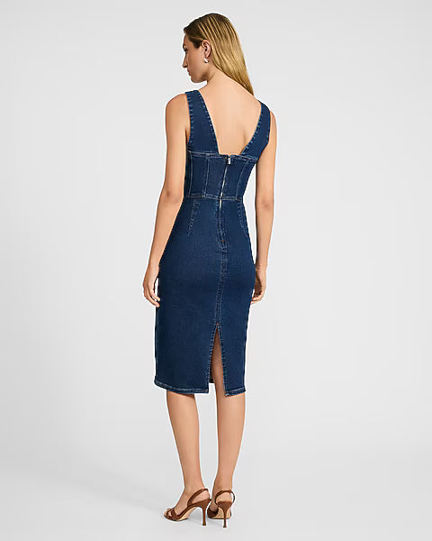 Denim V-Neck Corset Midi Dress