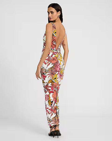 Floral Boat Neck Sleeveless Low Twist Back Maxi Dress