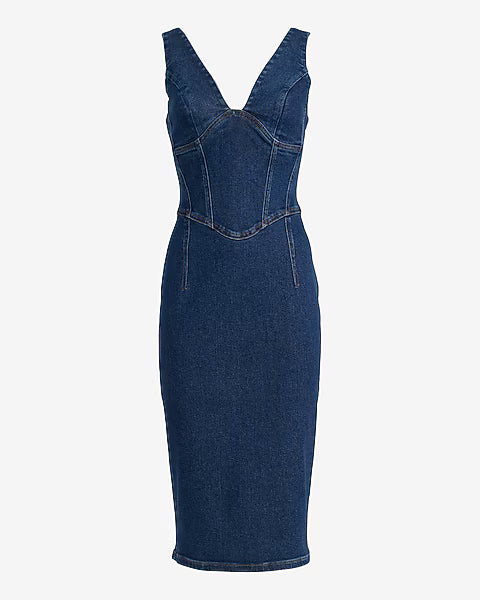 Denim V-Neck Corset Midi Dress