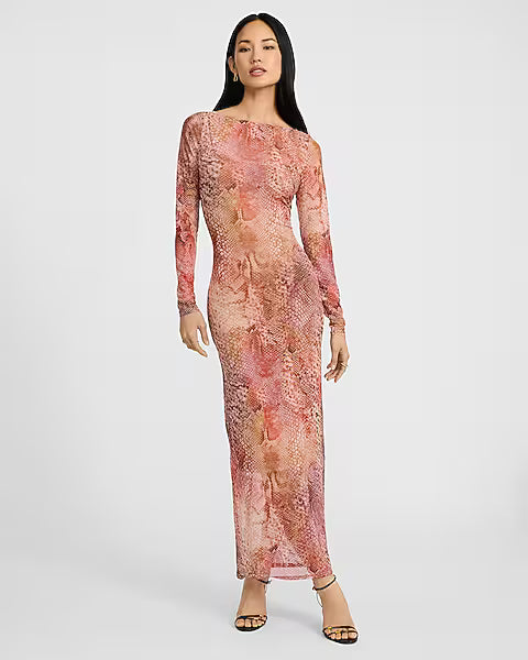 Printed Mesh Boat Neck Long Sleeve Maxi Dress