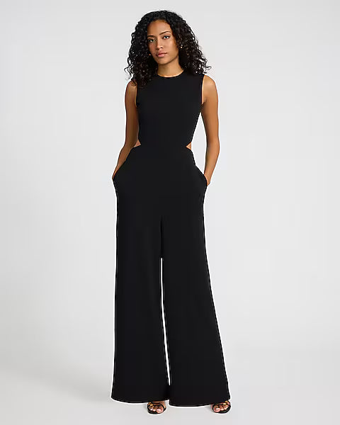 Crew Neck Cut Out Wide Leg Jumpsuit