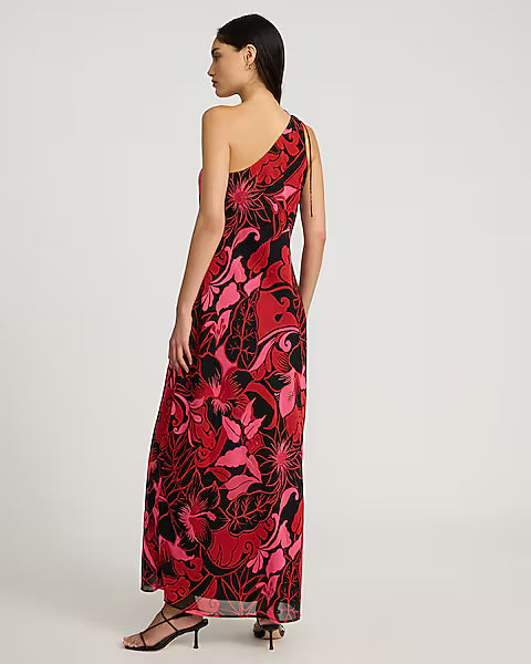 Chiffon Printed Tie One Shoulder Maxi Dress