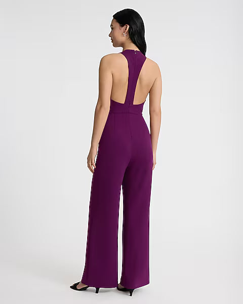 Crepe Crew Neck Sleeveless T-Back Wide Leg Jumpsuit