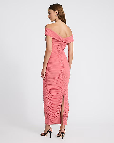 Mesh Ruched Off The Shoulder Maxi Dress