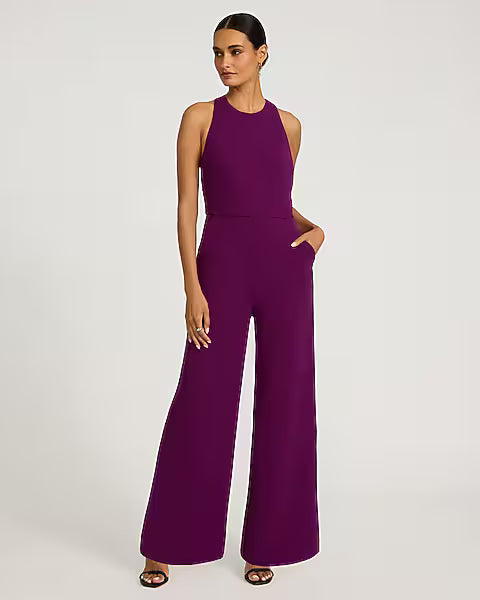 Crepe Crew Neck Sleeveless T-Back Wide Leg Jumpsuit
