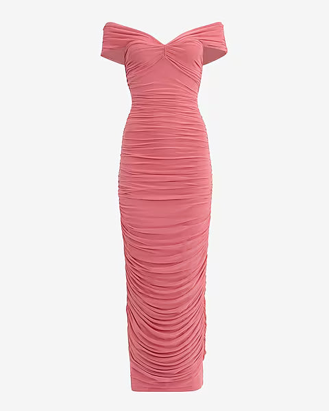 Mesh Ruched Off The Shoulder Maxi Dress