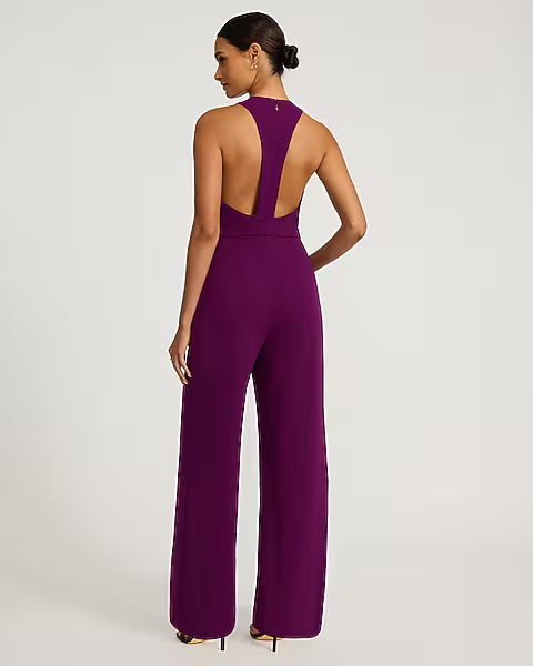 Crepe Crew Neck Sleeveless T-Back Wide Leg Jumpsuit