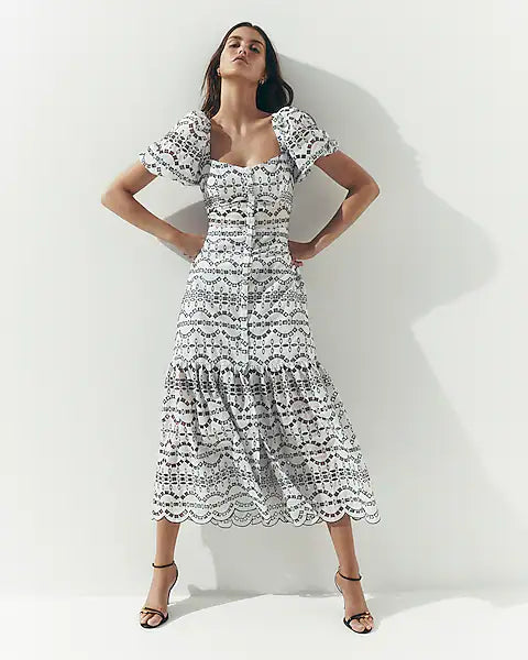 Eyelet Puff Sleeve Button Front Tiered Maxi Dress