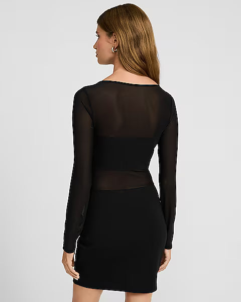 Mesh Boat Neck Long Sleeve Mini Sheath Dress