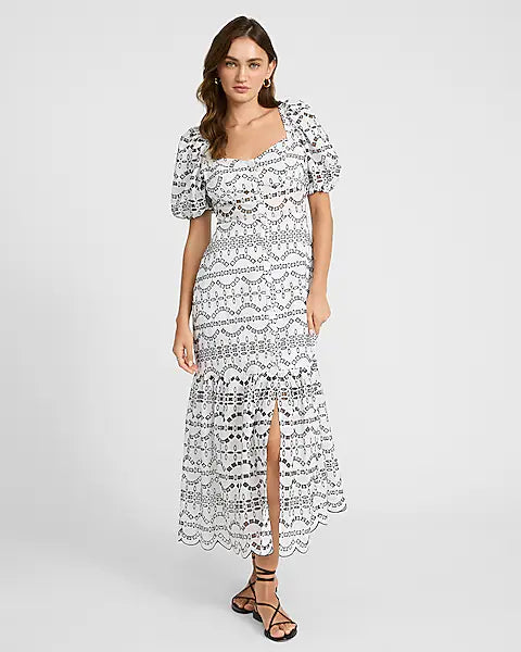 Eyelet Puff Sleeve Button Front Tiered Maxi Dress