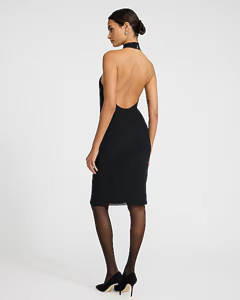 Mesh Halter Mock Neck Midi Sheath Dress