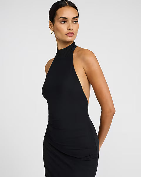 Mesh Halter Mock Neck Midi Sheath Dress