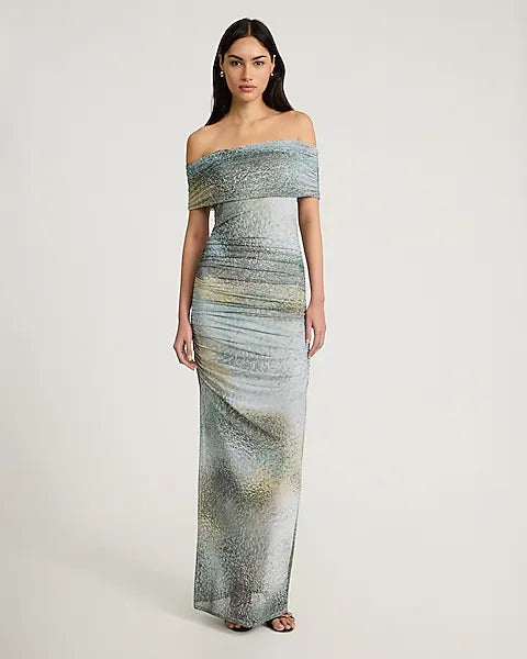 Printed Off The Shoulder Ruched Maxi Dress