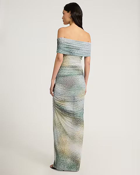 Printed Off The Shoulder Ruched Maxi Dress