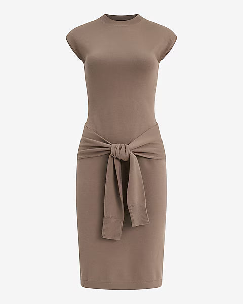 Crew Neck Short Sleeve Belted Midi Sweater Dress
