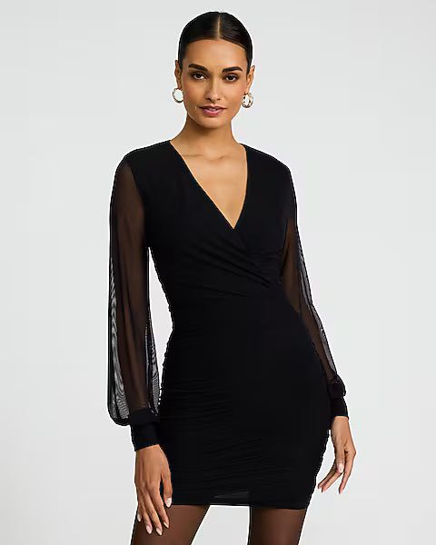 V-Neck Mesh Balloon Sleeve Ruched Mini Sheath Dress
