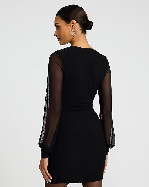 V-Neck Mesh Balloon Sleeve Ruched Mini Sheath Dress