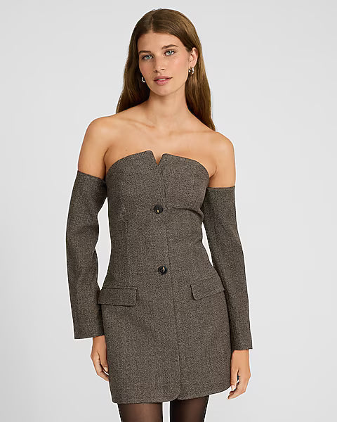 Houndstooth Off The Shoulder Mini Blazer Dress
