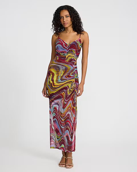 Printed Mesh V-Neck Cutout Open Back Ruched Maxi Dress