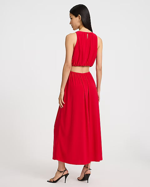 Crew Neck Back Cutout Fit and Flare Maxi Dress