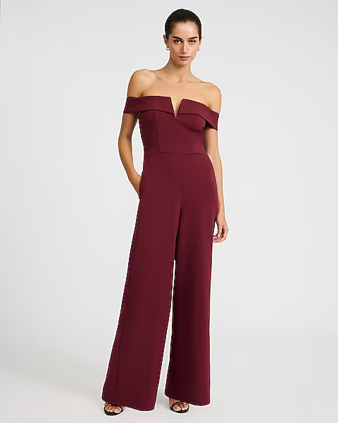 Crepe V-Wire Off The Shoulder Wide Leg Jumpsuit