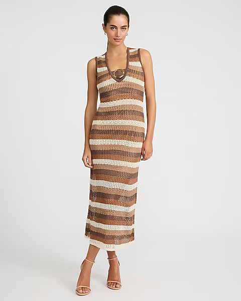 Crochet Striped V-Neck Sleeveless Midi Dress