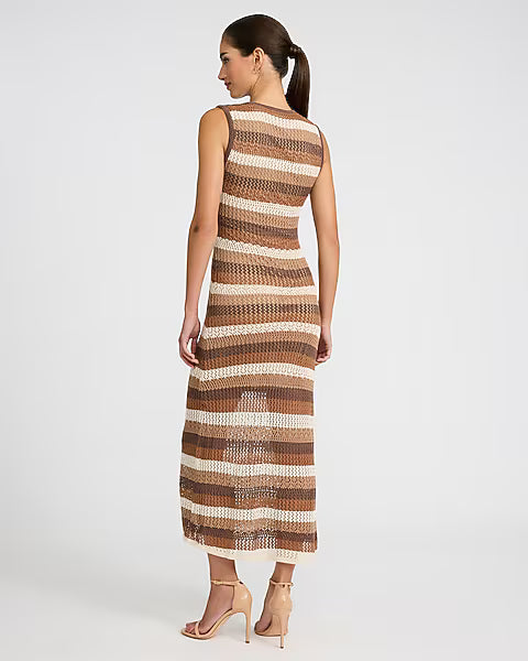 Crochet Striped V-Neck Sleeveless Midi Dress