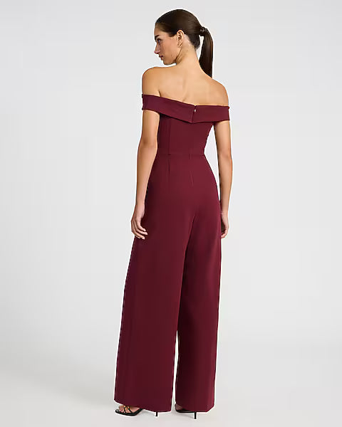 Crepe V-Wire Off The Shoulder Wide Leg Jumpsuit